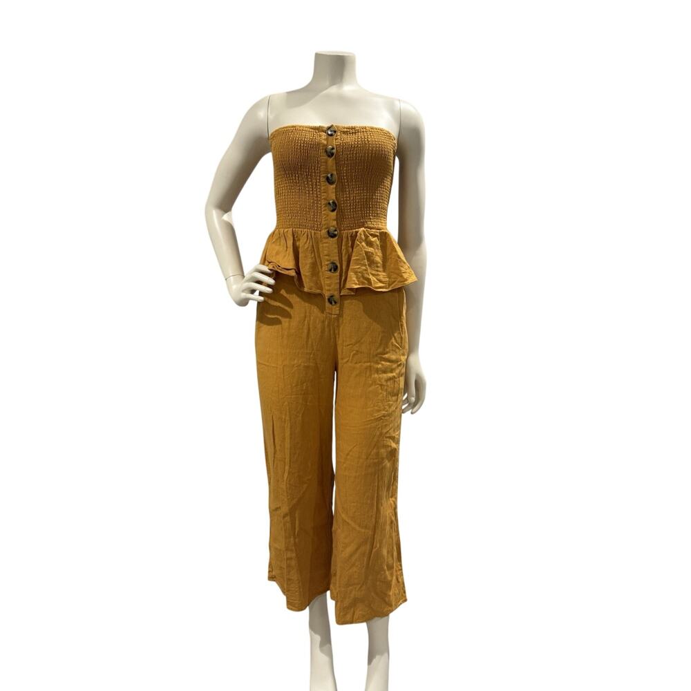 Urban Outfitters Mustard Yellow Strapless Smocked Jumpsuit Boho Rayon Wide Leg